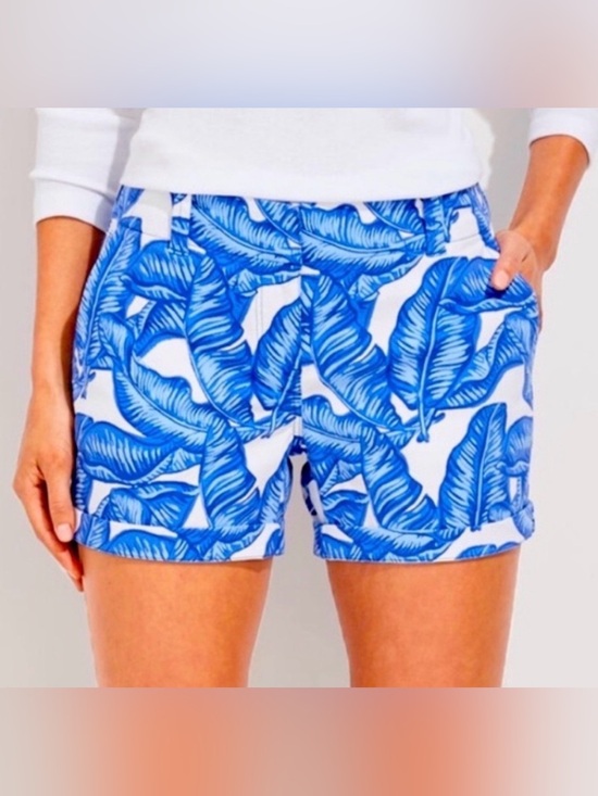 Vineyard Vines Pants - Vineyard Vines Shorts Women 4 Blue White Banana Leaf Tropical Chino Mid Rise